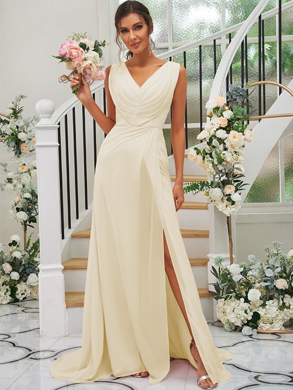 A-Line/Princess Chiffon Ruched V-neck Sleeveless Sweep/Brush Train Bridesmaid Dresses 2188