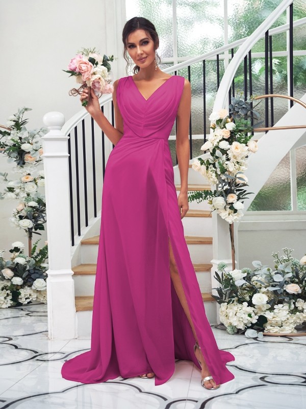 A-Line/Princess Chiffon Ruched V-neck Sleeveless Sweep/Brush Train Bridesmaid Dresses 2188