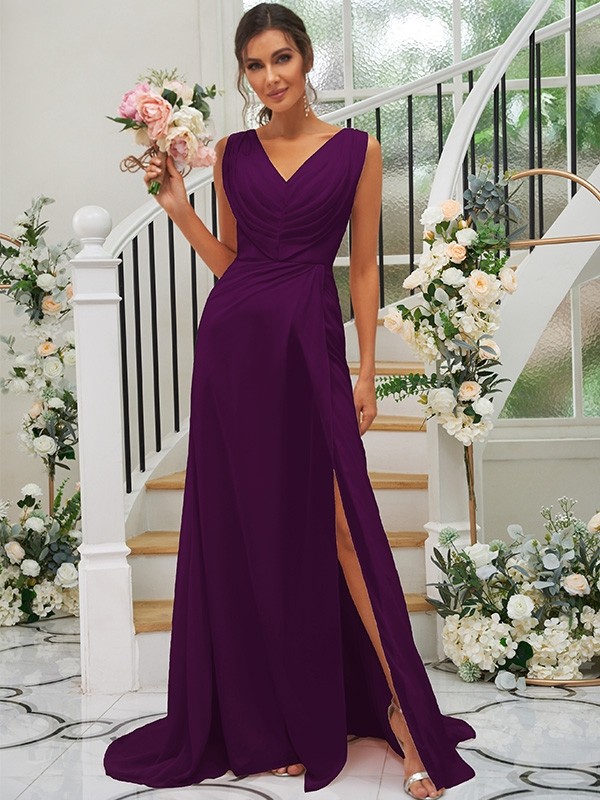 A-Line/Princess Chiffon Ruched V-neck Sleeveless Sweep/Brush Train Bridesmaid Dresses 2188