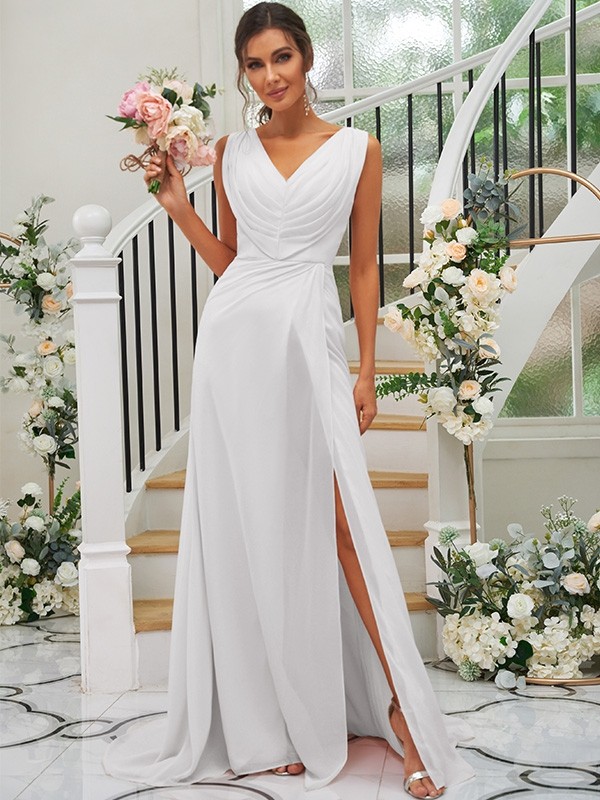 A-Line/Princess Chiffon Ruched V-neck Sleeveless Sweep/Brush Train Bridesmaid Dresses 2188