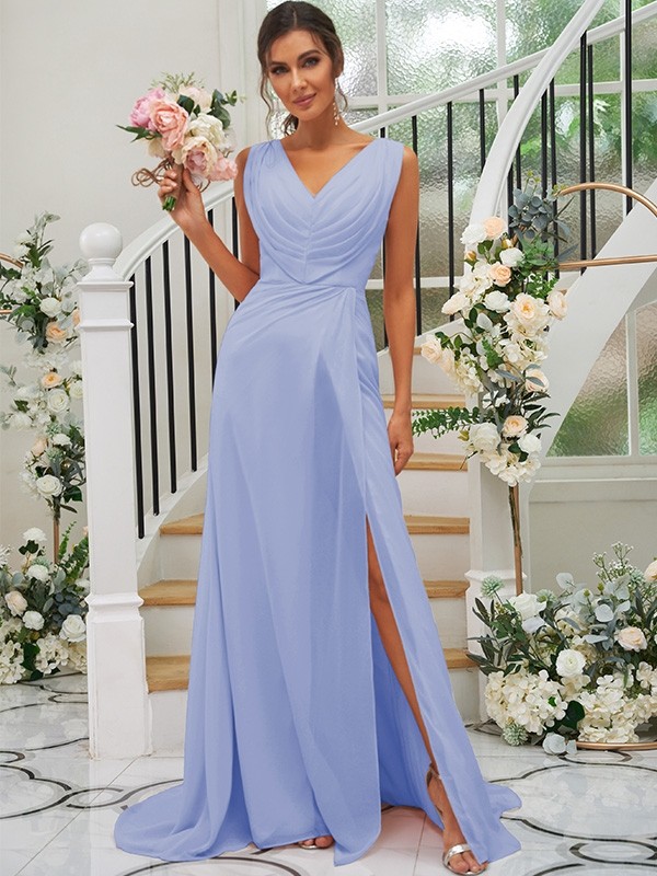 A-Line/Princess Chiffon Ruched V-neck Sleeveless Sweep/Brush Train Bridesmaid Dresses 2188