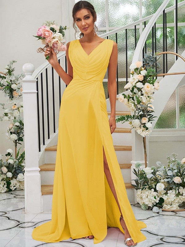 A-Line/Princess Chiffon Ruched V-neck Sleeveless Sweep/Brush Train Bridesmaid Dresses 2188