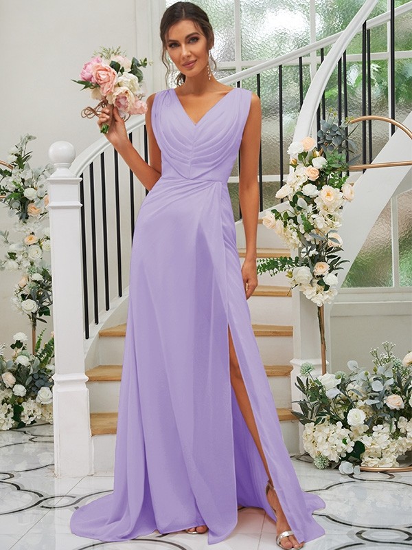 A-Line/Princess Chiffon Ruched V-neck Sleeveless Sweep/Brush Train Bridesmaid Dresses 2188