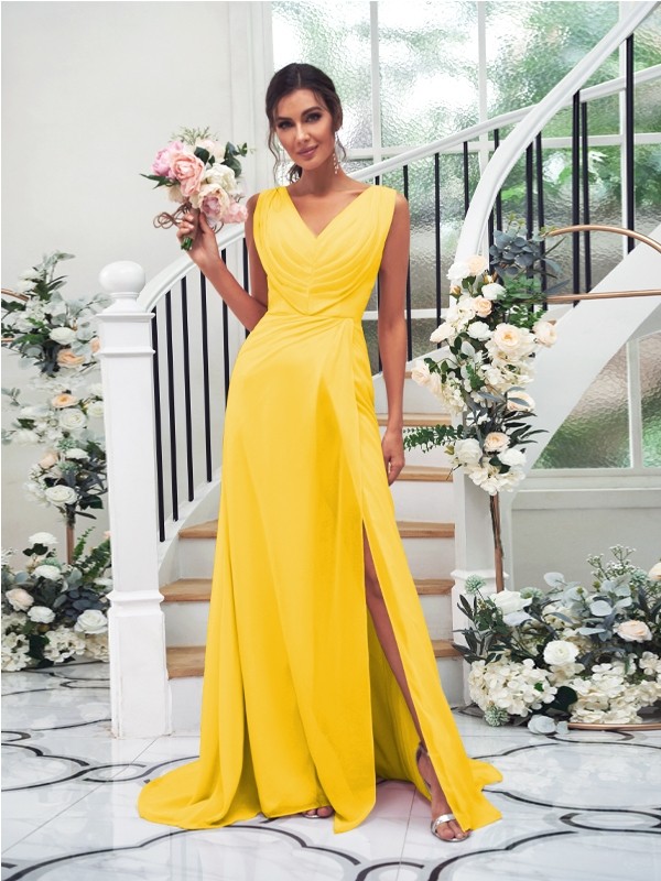 A-Line/Princess Chiffon Ruched V-neck Sleeveless Sweep/Brush Train Bridesmaid Dresses 2188