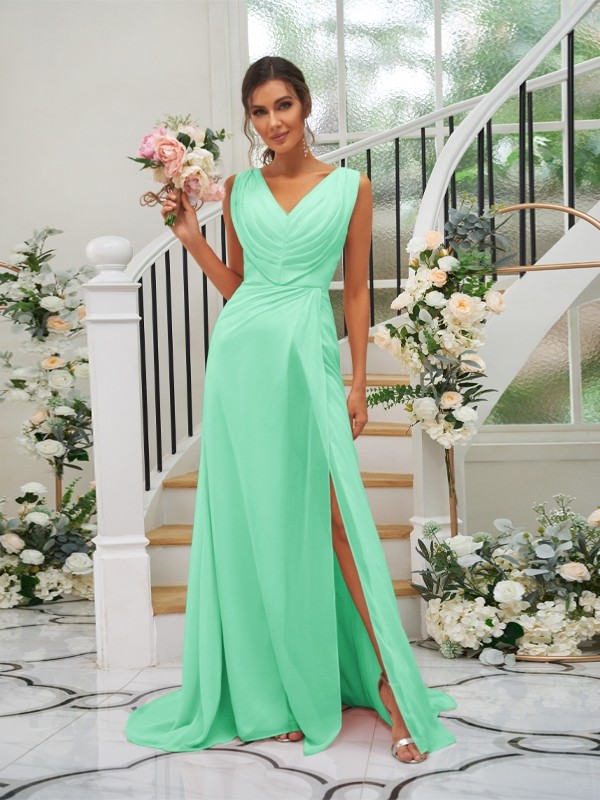 A-Line/Princess Chiffon Ruched V-neck Sleeveless Sweep/Brush Train Bridesmaid Dresses 2188