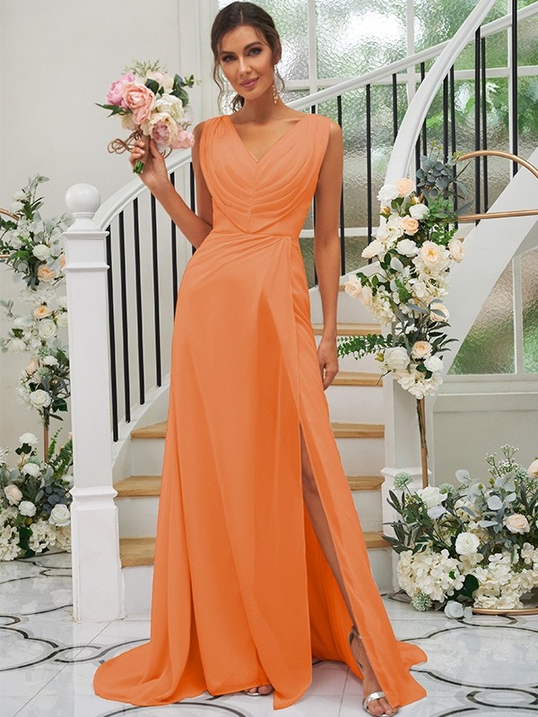 A-Line/Princess Chiffon Ruched V-neck Sleeveless Sweep/Brush Train Bridesmaid Dresses 2188