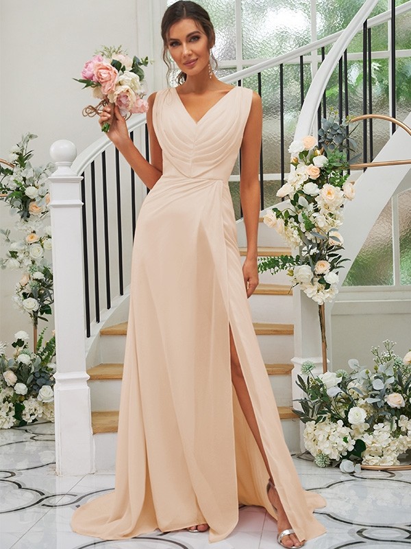 A-Line/Princess Chiffon Ruched V-neck Sleeveless Sweep/Brush Train Bridesmaid Dresses 2188