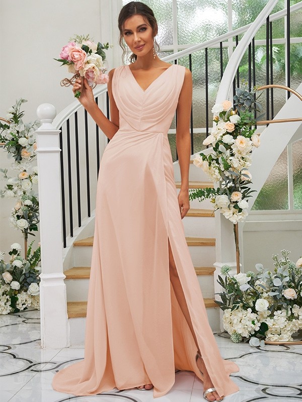 A-Line/Princess Chiffon Ruched V-neck Sleeveless Sweep/Brush Train Bridesmaid Dresses 2188