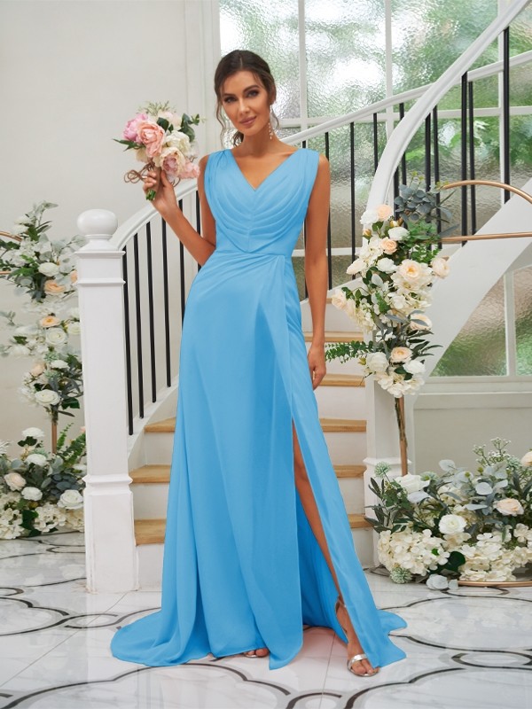 A-Line/Princess Chiffon Ruched V-neck Sleeveless Sweep/Brush Train Bridesmaid Dresses 2188