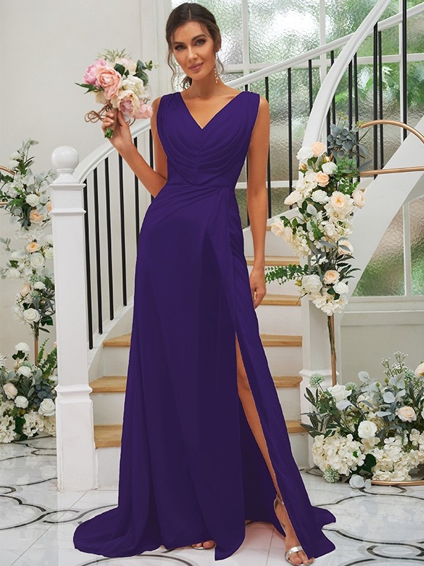 A-Line/Princess Chiffon Ruched V-neck Sleeveless Sweep/Brush Train Bridesmaid Dresses 2188