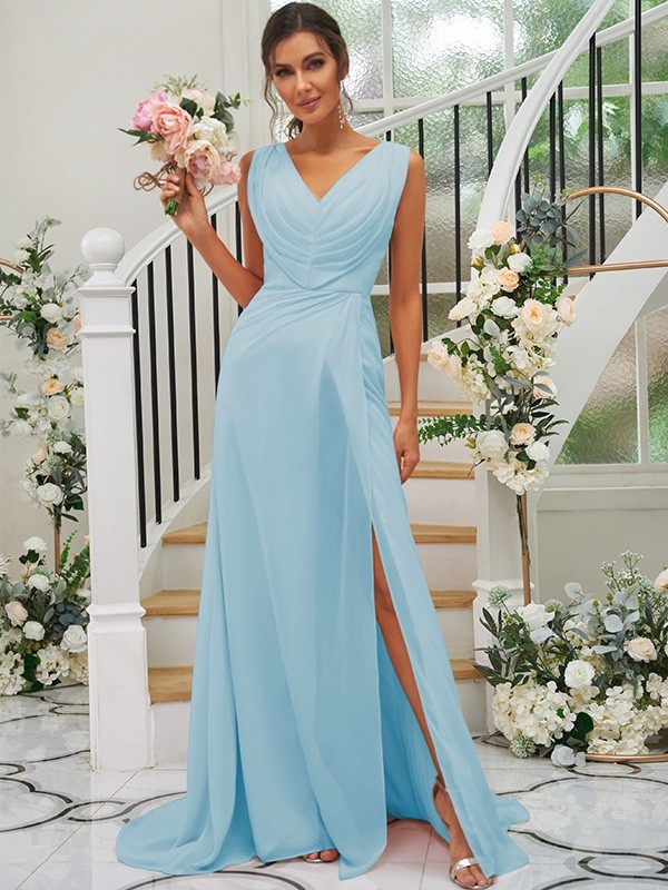 A-Line/Princess Chiffon Ruched V-neck Sleeveless Sweep/Brush Train Bridesmaid Dresses 2188