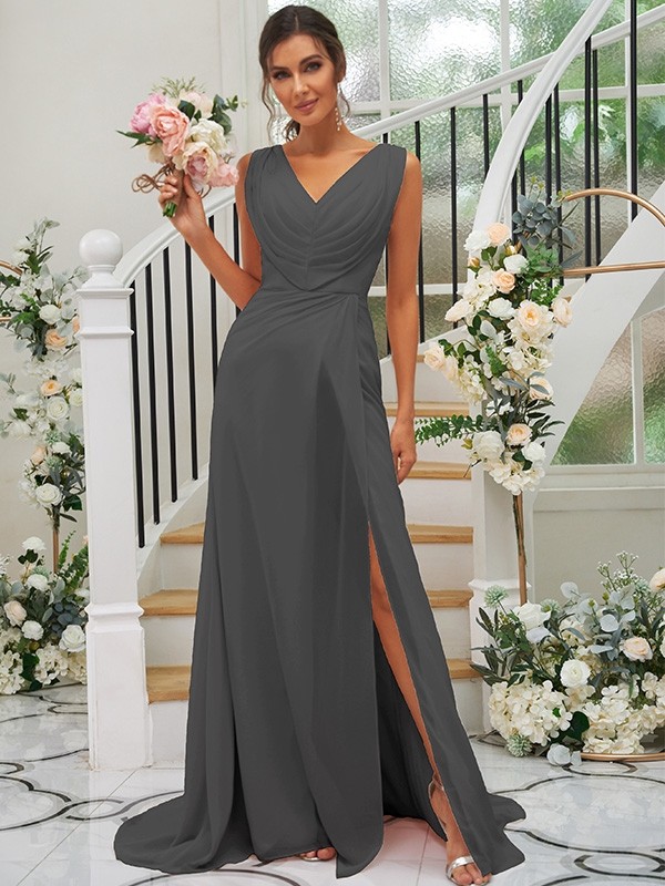 A-Line/Princess Chiffon Ruched V-neck Sleeveless Sweep/Brush Train Bridesmaid Dresses 2188