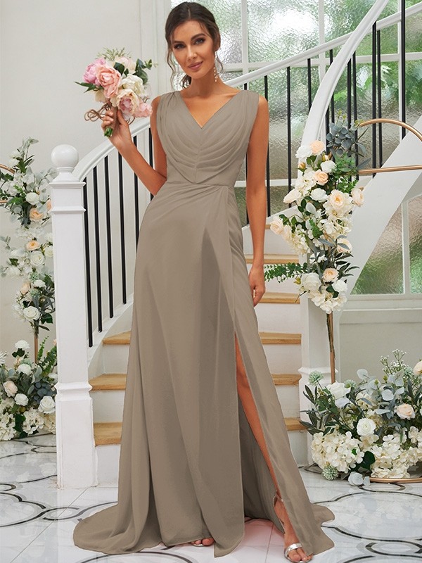 A-Line/Princess Chiffon Ruched V-neck Sleeveless Sweep/Brush Train Bridesmaid Dresses 2188