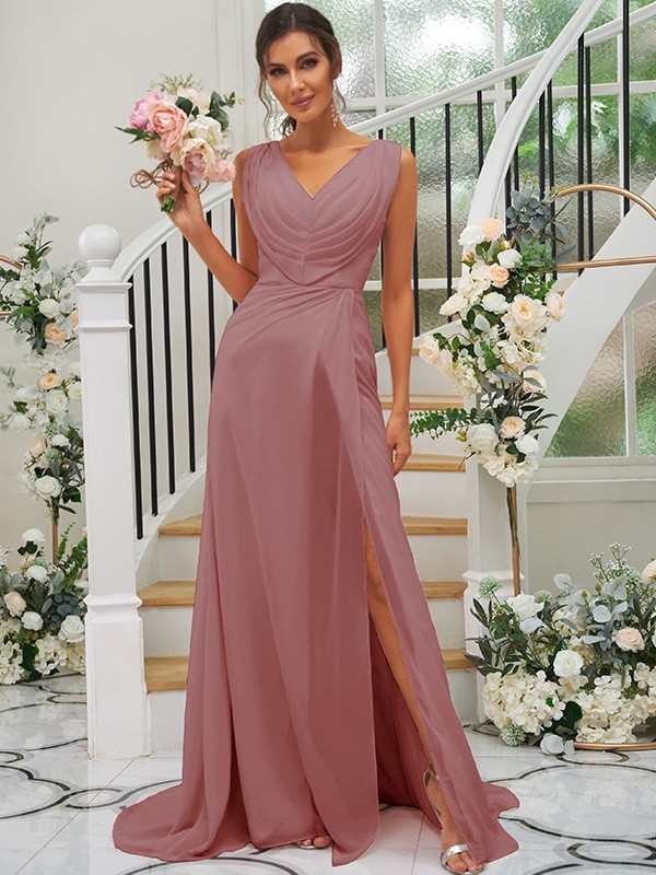 A-Line/Princess Chiffon Ruched V-neck Sleeveless Sweep/Brush Train Bridesmaid Dresses 2188