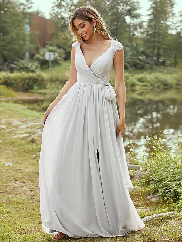 A-Line/Princess Chiffon Ruffles V-neck Sleeveless Floor-Length Bridesmaid Dresses 2235