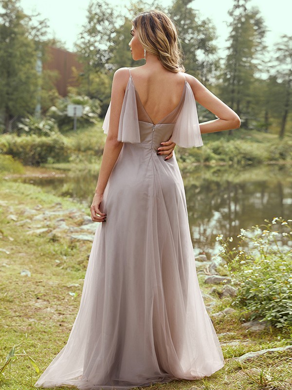 A-Line/Princess Tulle Ruffles V-neck Sleeveless Floor-Length Bridesmaid Dresses 2773