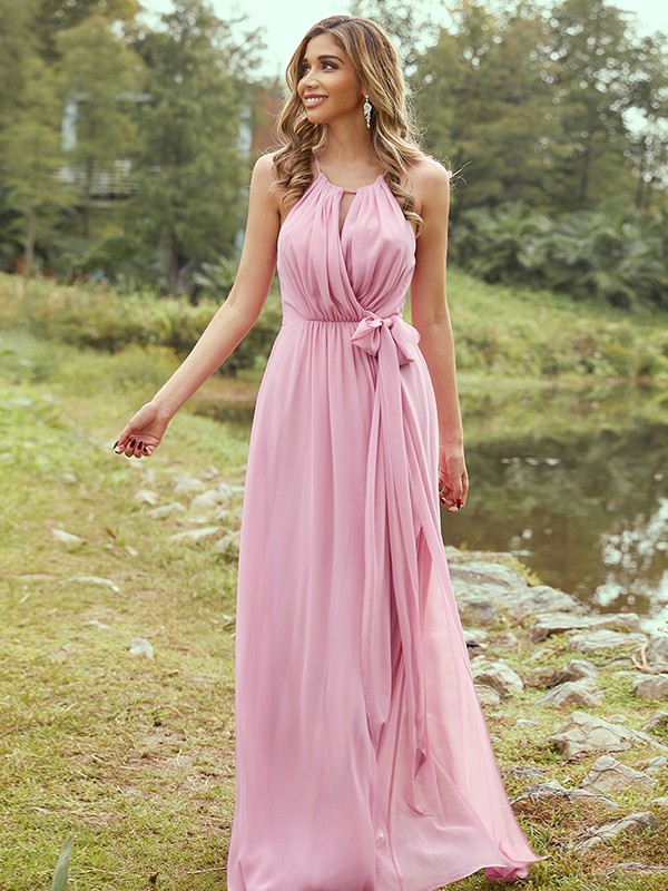 A-Line/Princess Chiffon Ruffles Halter Sleeveless Sweep/Brush Train Bridesmaid Dresses 2196