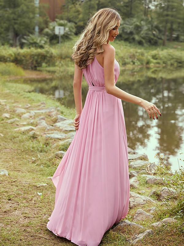 A-Line/Princess Chiffon Ruffles Halter Sleeveless Sweep/Brush Train Bridesmaid Dresses 2196