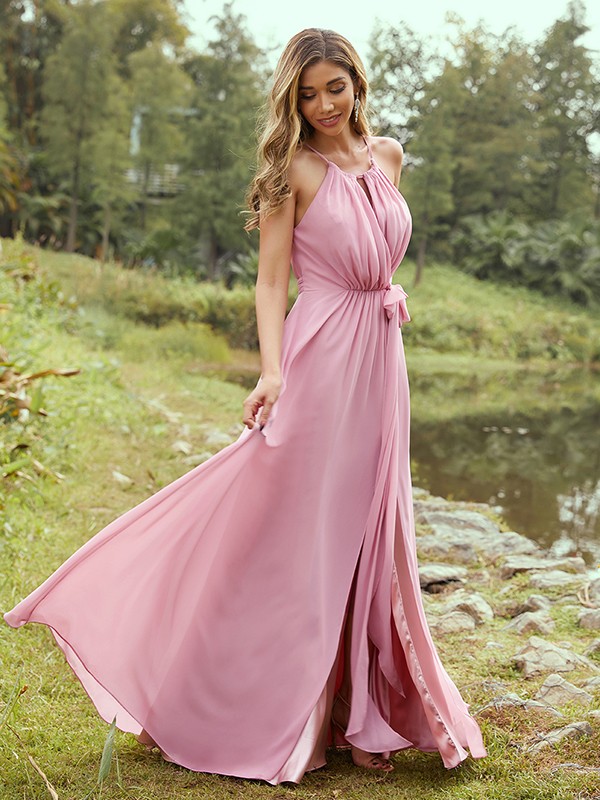 A-Line/Princess Chiffon Ruffles Halter Sleeveless Sweep/Brush Train Bridesmaid Dresses 2196