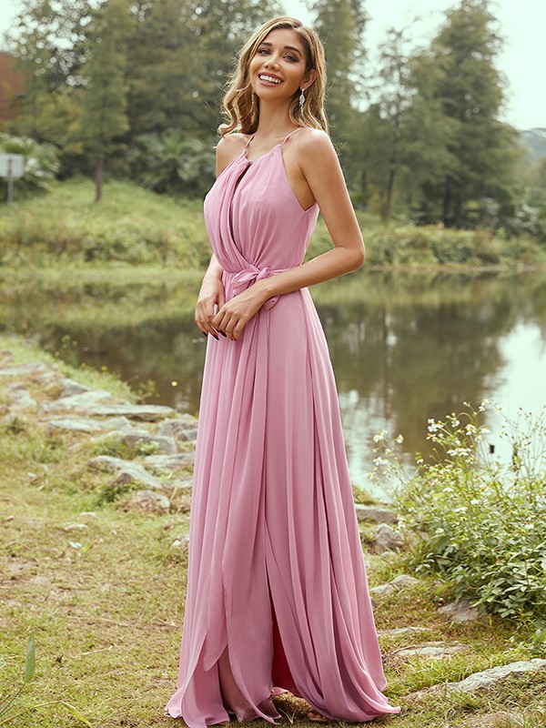 A-Line/Princess Chiffon Ruffles Halter Sleeveless Sweep/Brush Train Bridesmaid Dresses 2196