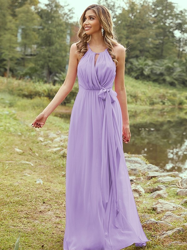 A-Line/Princess Chiffon Ruffles Halter Sleeveless Sweep/Brush Train Bridesmaid Dresses 2196