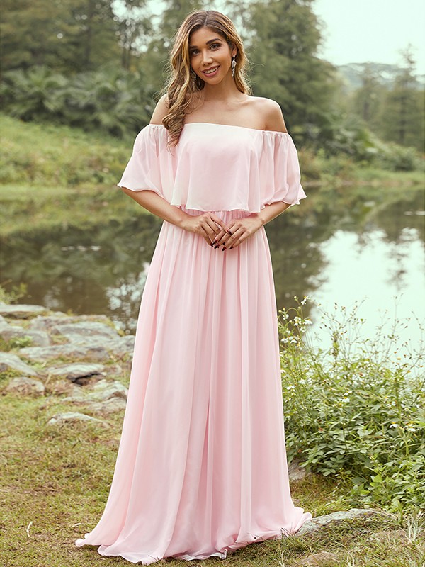 A-Line/Princess Chiffon Ruffles Off-the-Shoulder Short Sleeves Sweep/Brush Train Bridesmaid Dresses 2326