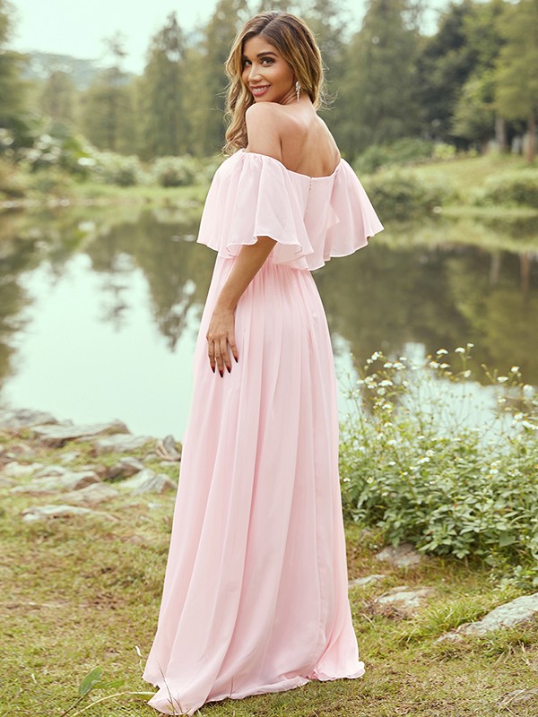 A-Line/Princess Chiffon Ruffles Off-the-Shoulder Short Sleeves Sweep/Brush Train Bridesmaid Dresses 2326