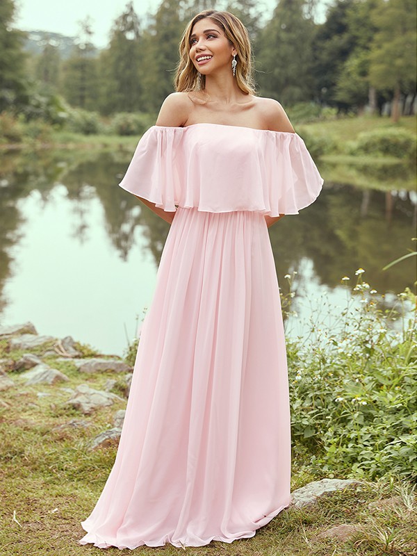 A-Line/Princess Chiffon Ruffles Off-the-Shoulder Short Sleeves Sweep/Brush Train Bridesmaid Dresses 2326