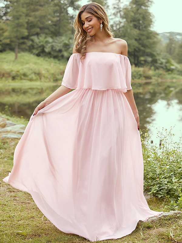 A-Line/Princess Chiffon Ruffles Off-the-Shoulder Short Sleeves Sweep/Brush Train Bridesmaid Dresses 2326