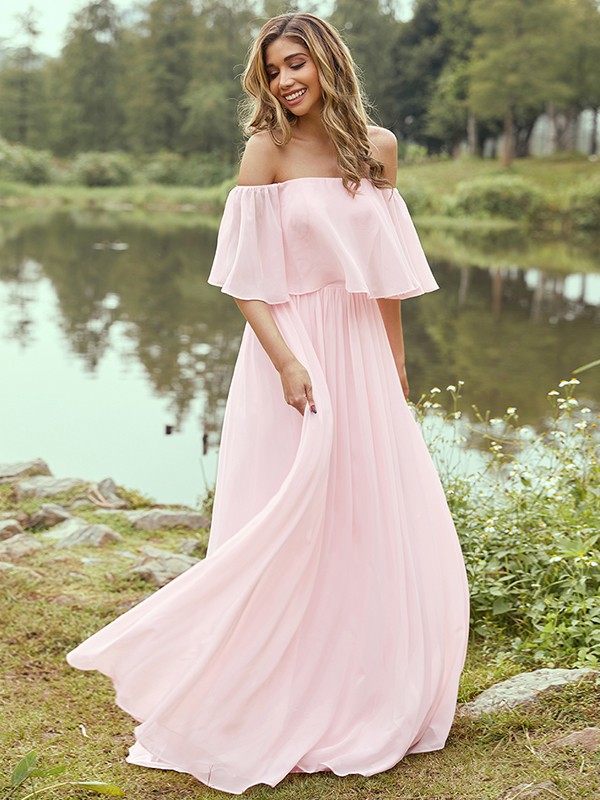 A-Line/Princess Chiffon Ruffles Off-the-Shoulder Short Sleeves Sweep/Brush Train Bridesmaid Dresses 2326