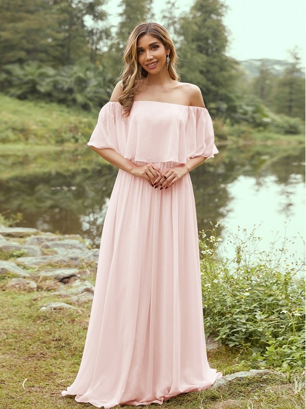 A-Line/Princess Chiffon Ruffles Off-the-Shoulder Short Sleeves Sweep/Brush Train Bridesmaid Dresses 2326