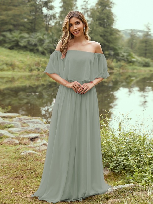 A-Line/Princess Chiffon Ruffles Off-the-Shoulder Short Sleeves Sweep/Brush Train Bridesmaid Dresses 2326