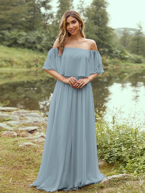 A-Line/Princess Chiffon Ruffles Off-the-Shoulder Short Sleeves Sweep/Brush Train Bridesmaid Dresses 2326