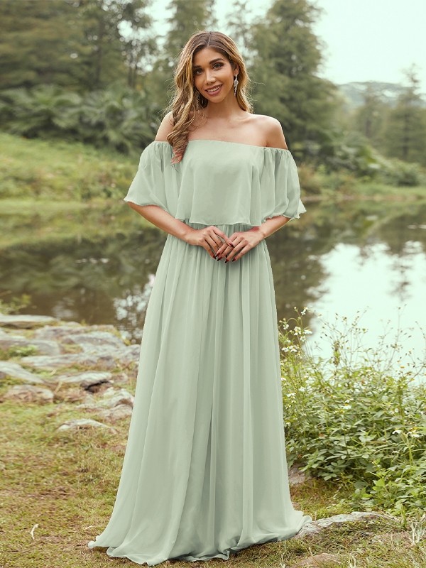 A-Line/Princess Chiffon Ruffles Off-the-Shoulder Short Sleeves Sweep/Brush Train Bridesmaid Dresses 2326