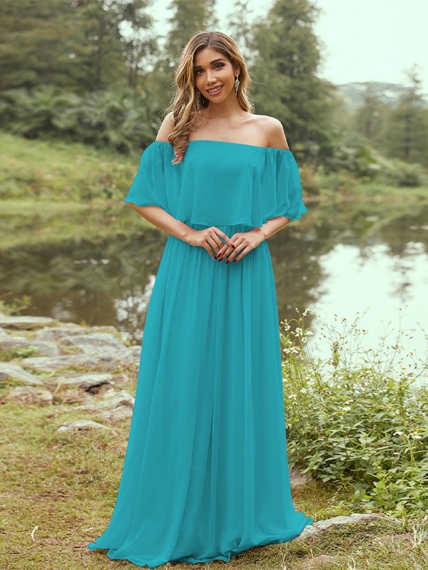 A-Line/Princess Chiffon Ruffles Off-the-Shoulder Short Sleeves Sweep/Brush Train Bridesmaid Dresses 2326