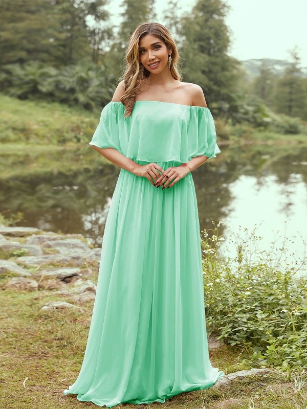 A-Line/Princess Chiffon Ruffles Off-the-Shoulder Short Sleeves Sweep/Brush Train Bridesmaid Dresses 2326