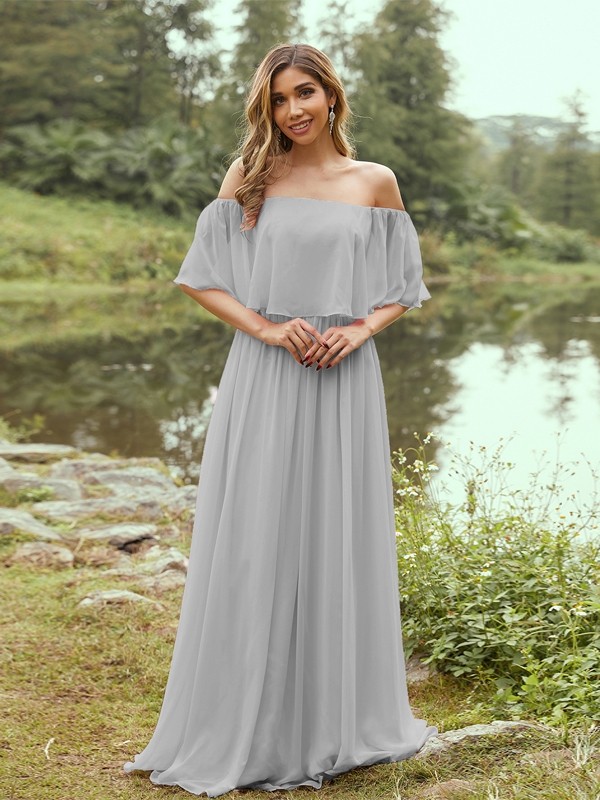 A-Line/Princess Chiffon Ruffles Off-the-Shoulder Short Sleeves Sweep/Brush Train Bridesmaid Dresses 2326