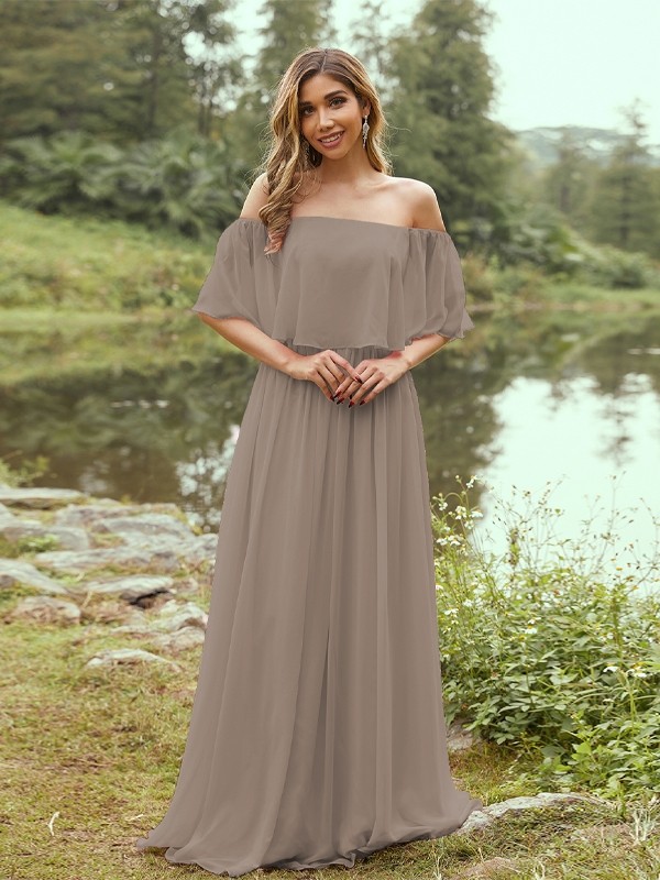 A-Line/Princess Chiffon Ruffles Off-the-Shoulder Short Sleeves Sweep/Brush Train Bridesmaid Dresses 2326