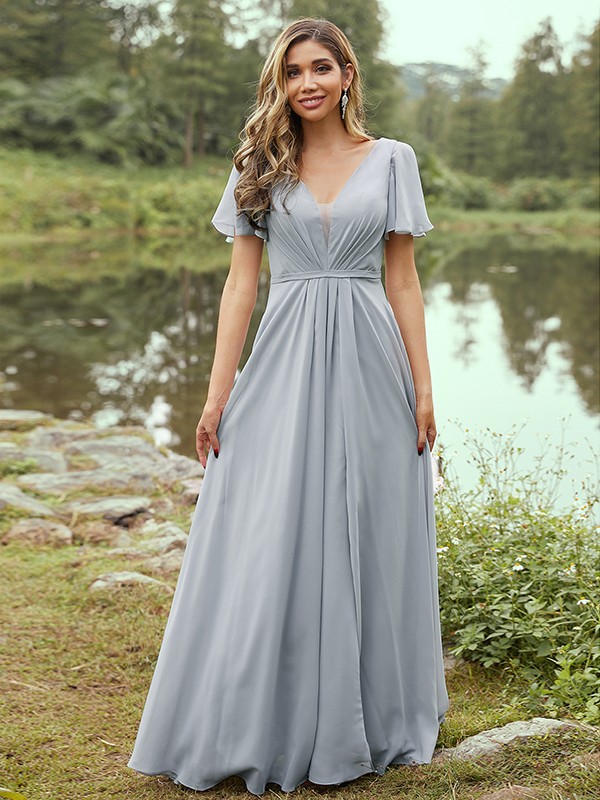 A-Line/Princess Chiffon Ruffles V-neck Short Sleeves Floor-Length Bridesmaid Dresses 2223