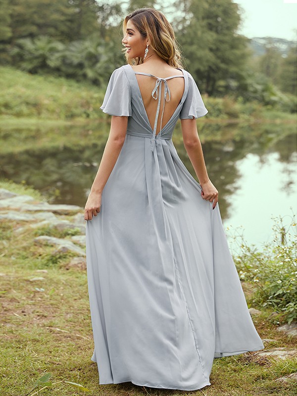 A-Line/Princess Chiffon Ruffles V-neck Short Sleeves Floor-Length Bridesmaid Dresses 2223