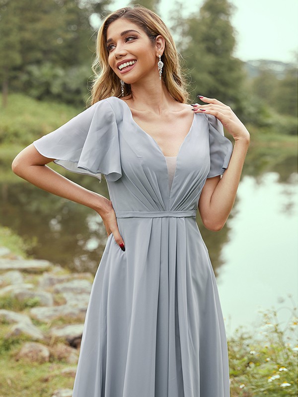 A-Line/Princess Chiffon Ruffles V-neck Short Sleeves Floor-Length Bridesmaid Dresses 2223