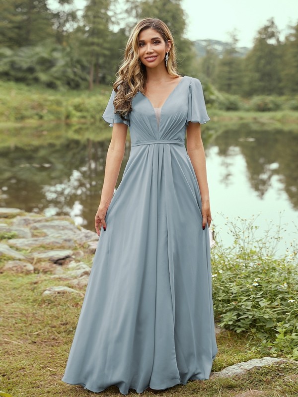 A-Line/Princess Chiffon Ruffles V-neck Short Sleeves Floor-Length Bridesmaid Dresses 2223