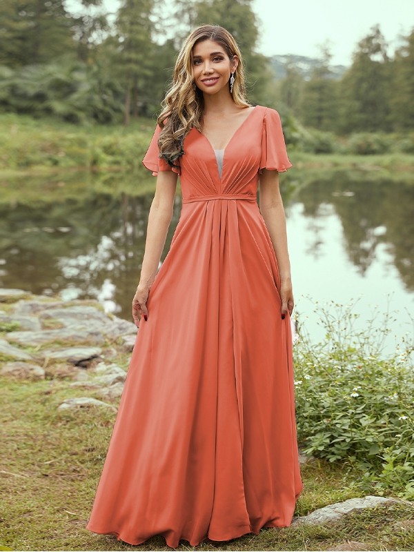 A-Line/Princess Chiffon Ruffles V-neck Short Sleeves Floor-Length Bridesmaid Dresses 2223