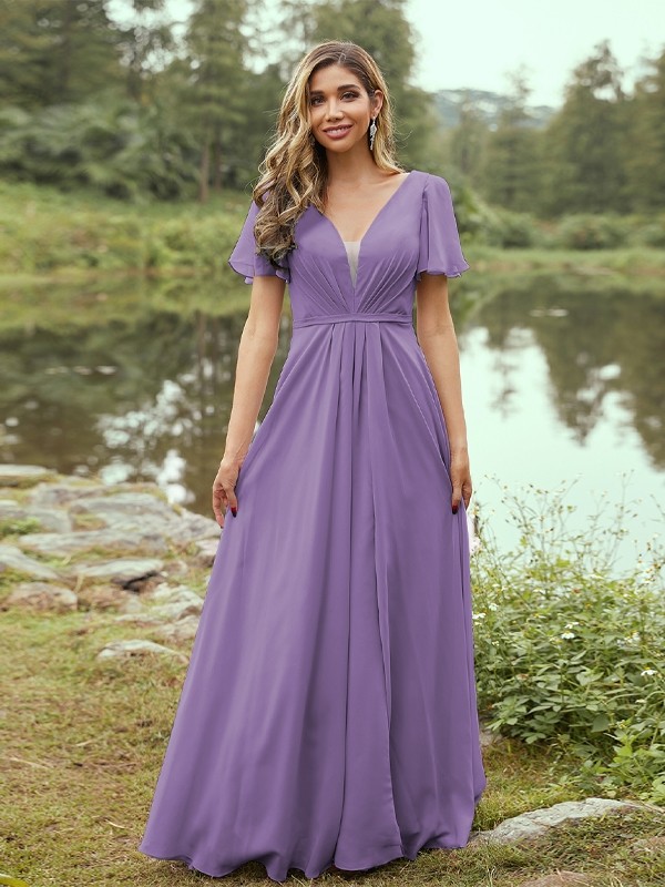 A-Line/Princess Chiffon Ruffles V-neck Short Sleeves Floor-Length Bridesmaid Dresses 2223