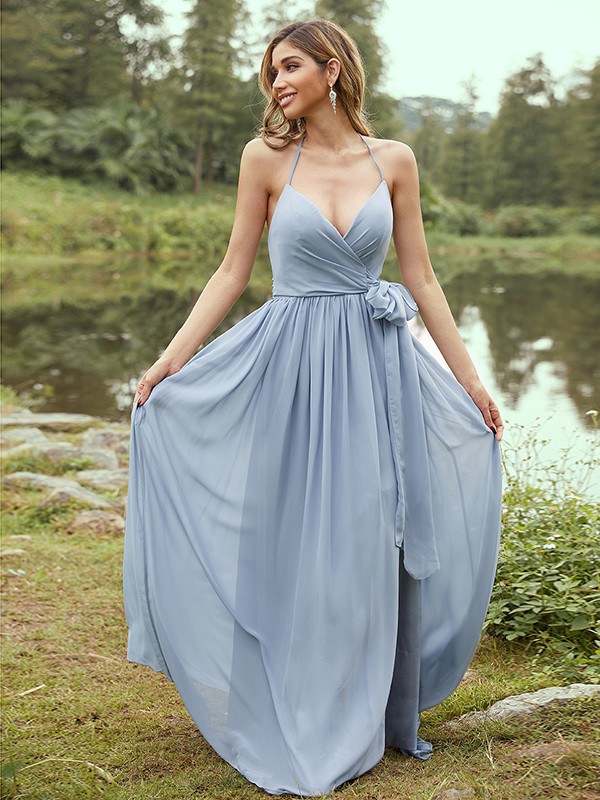 A-Line/Princess Chiffon Ruffles V-neck Sleeveless Sweep/Brush Train Bridesmaid Dresses 2246