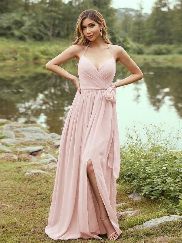 A-Line/Princess Chiffon Ruffles V-neck Sleeveless Sweep/Brush Train Bridesmaid Dresses 2246