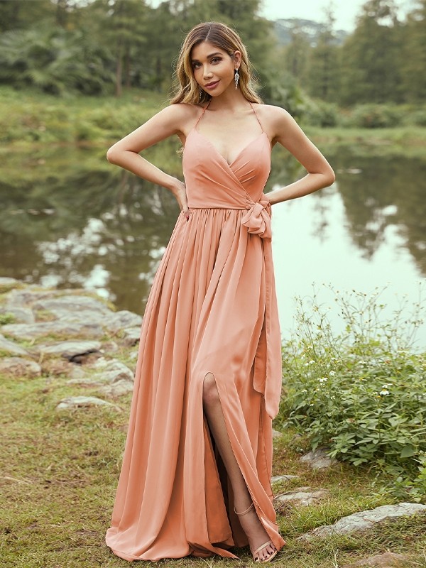 A-Line/Princess Chiffon Ruffles V-neck Sleeveless Sweep/Brush Train Bridesmaid Dresses 2246