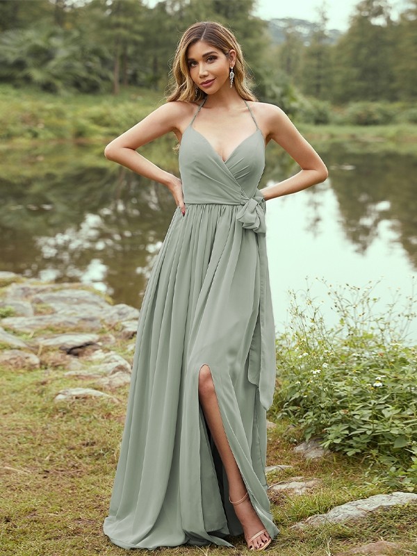 A-Line/Princess Chiffon Ruffles V-neck Sleeveless Sweep/Brush Train Bridesmaid Dresses 2246