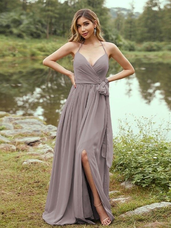 A-Line/Princess Chiffon Ruffles V-neck Sleeveless Sweep/Brush Train Bridesmaid Dresses 2246