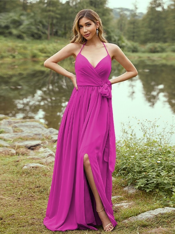 A-Line/Princess Chiffon Ruffles V-neck Sleeveless Sweep/Brush Train Bridesmaid Dresses 2246